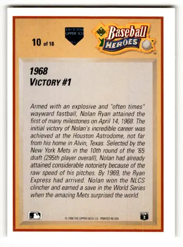Baseball card back showing original gloss from 1991 Upper Deck Nolan Ryan Heroes