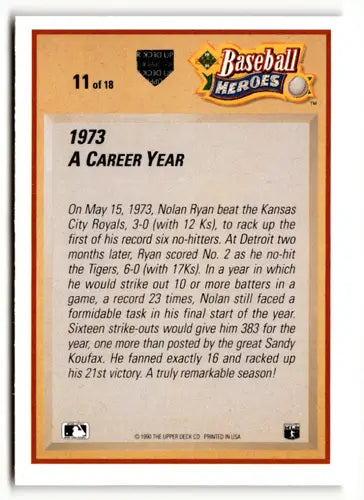 Baseball card back featuring Nolan Ryan from 1991 Upper Deck Nolan Heroes series