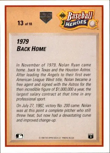 Back of vintage 1991 Upper Deck Nolan Ryan Heroes baseball card with biographical info