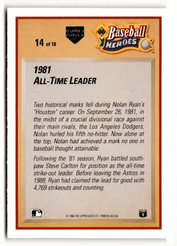 Baseball card back showing original gloss from 1991 Upper Deck Nolan Ryan Heroes