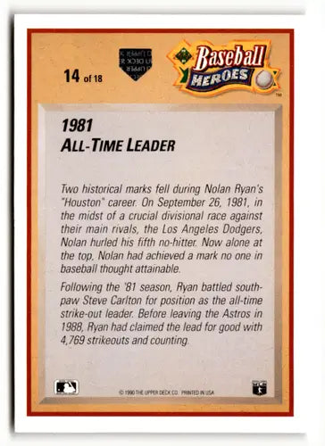 Baseball card back showing 1991 Upper Deck Nolan Ryan Heroes #14 Nolan Ryan NM