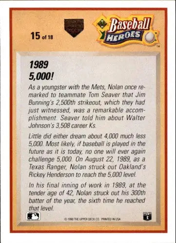 Baseball card back showing original gloss from 1991 Upper Deck Nolan Ryan Heroes #15