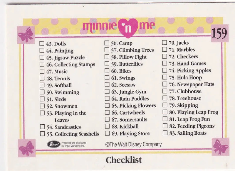 1991 WALT DISNEY MINNIE AND ME CHECKLIST #159 1-83- DISNEY - Other