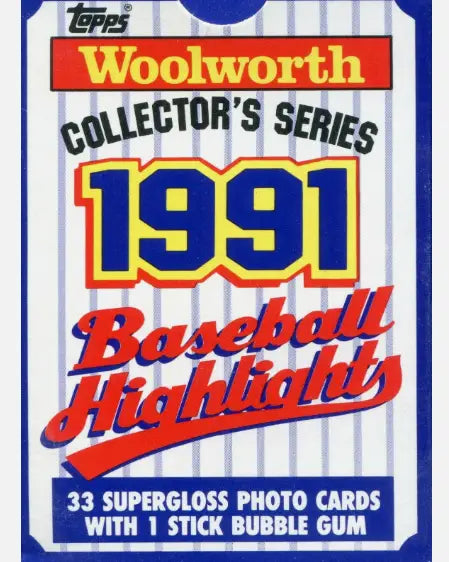 1991 Woolworth Collector Series Baseball Highlights pack with 33 supergloss photo cards and gum