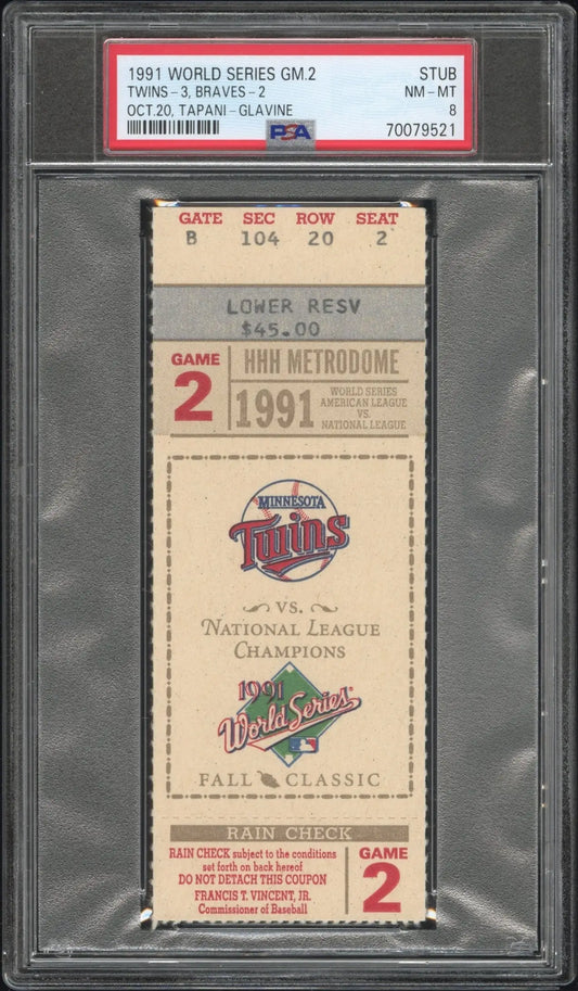1991 World Series Game 2 Ticket Stub PSA 8 Nm-Mint - Sports Memorabilia