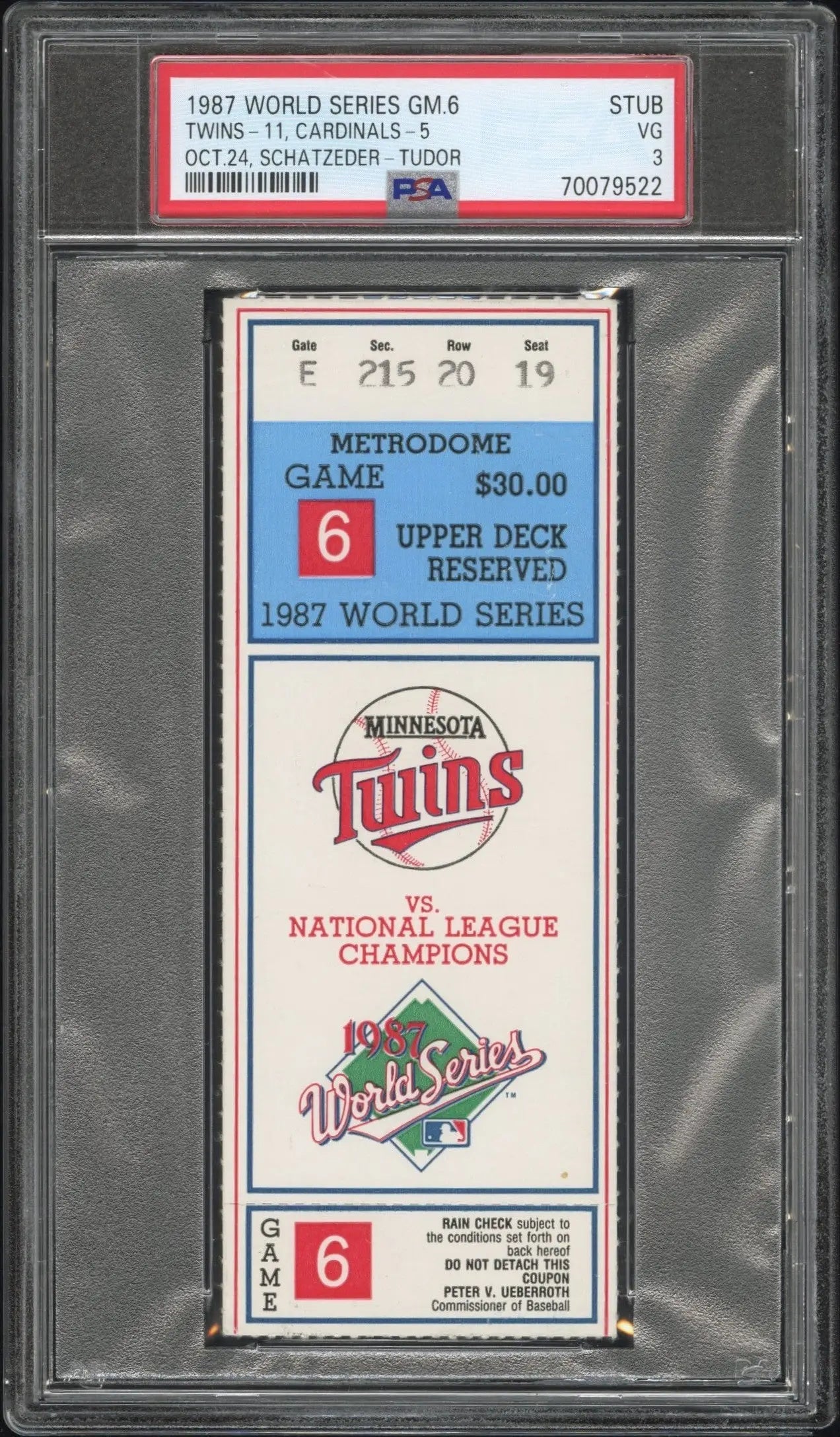 PSA-graded 1987 World Series Game 6 ticket stub with Minnesota Twins logo