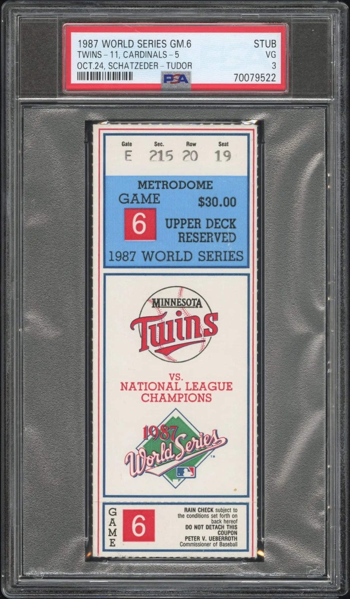 1991 World Series Game 6 Ticket Stub PSA 6 Ex-Mint - Sports Memorabilia