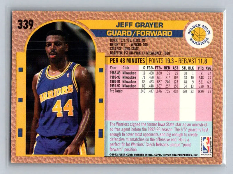 1992-93 Fleer #339 Jeff Grayer Golden State Warriors - Basketball Card Single