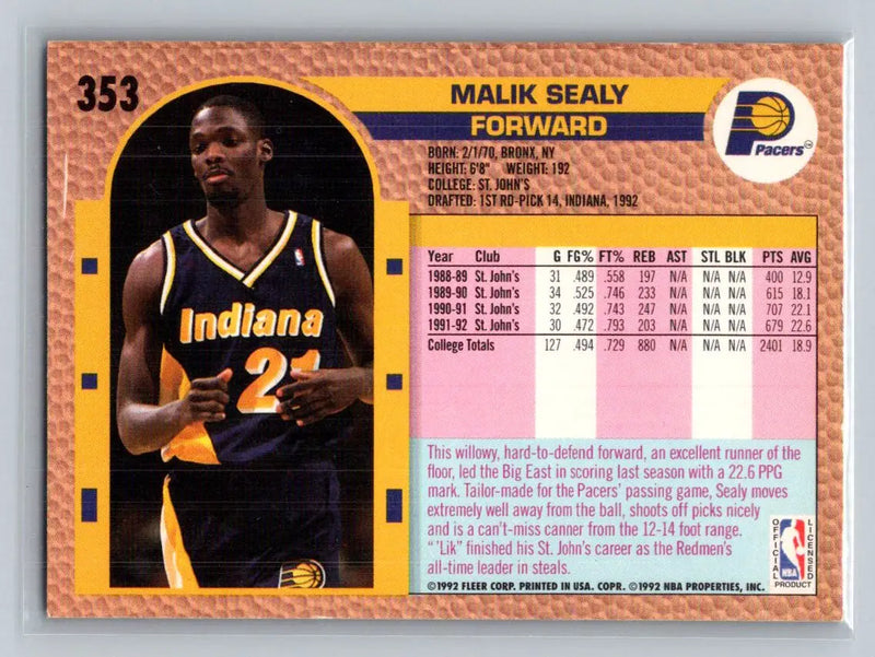 1992-93 Fleer #353 Malik Sealy Indiana Pacers Rookie - Basketball Card Single