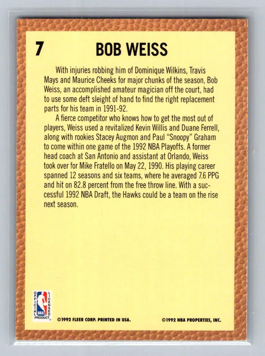 1992-93 Fleer #7 Bob Weiss Atlanta Hawks - Basketball Card Single