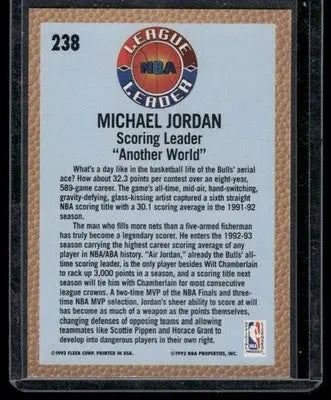 Back of a 1992-93 Fleer League Leader Michael Jordan trading card featuring league leader Michael Jordan