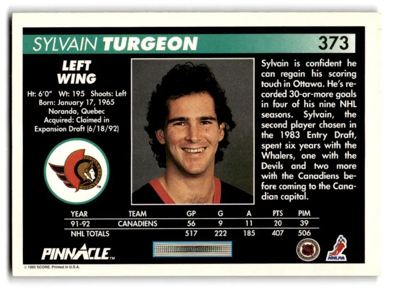 1992-93 Pinnacle #373 Sylvain Turgeon - Hockey Card Single
