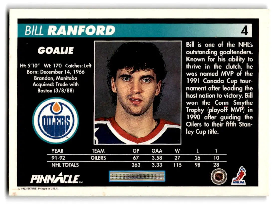1992-93 Pinnacle #4 Bill Ranford - Hockey Card Single
