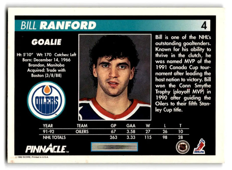 1992-93 Pinnacle #4 Bill Ranford - Hockey Card Single