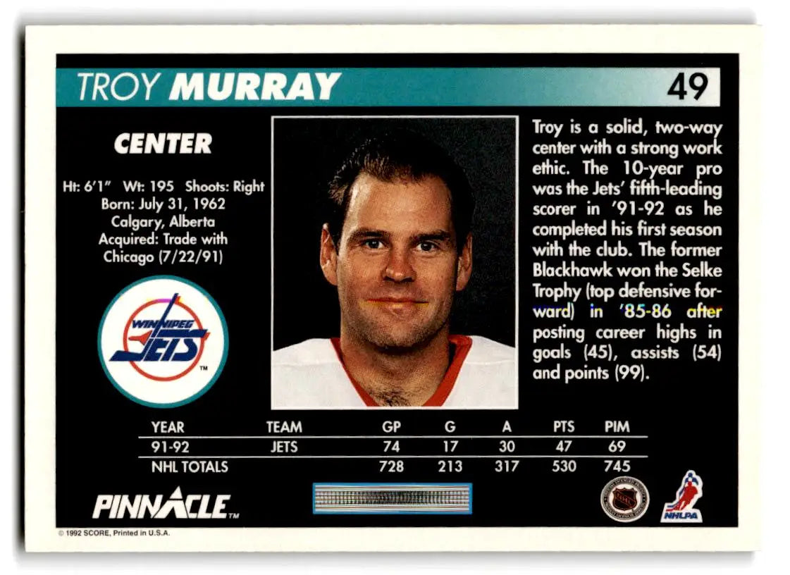 1992-93 Pinnacle #49 Troy Murray - Hockey Card Single