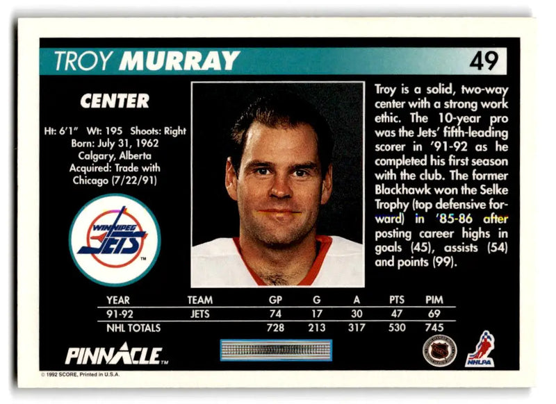 1992-93 Pinnacle #49 Troy Murray - Hockey Card Single