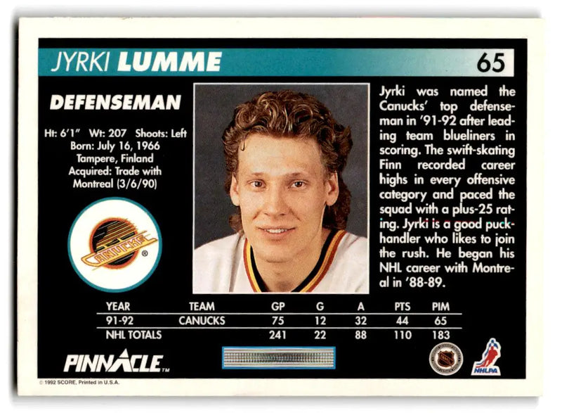 1992-93 Pinnacle #65 Jyrki Lumme - Hockey Card Single