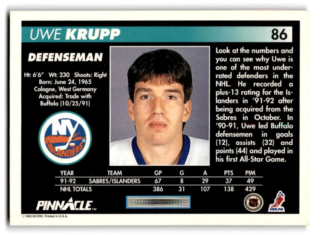 1992-93 Pinnacle #86 Uwe Krupp - Hockey Card Single