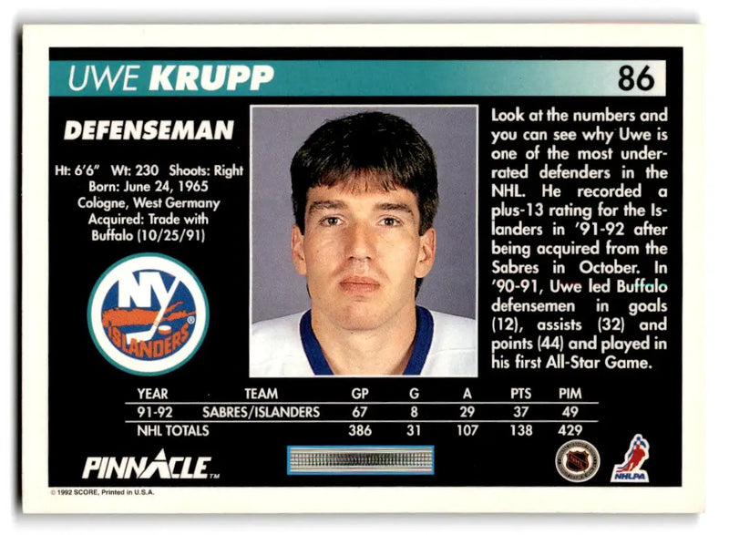 1992-93 Pinnacle #86 Uwe Krupp - Hockey Card Single