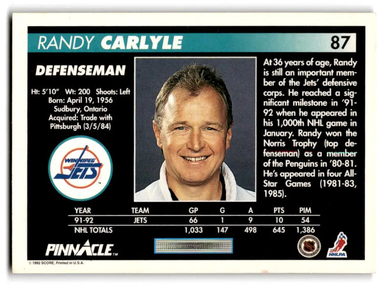 1992-93 Pinnacle #87 Randy Carlyle - Hockey Card Single