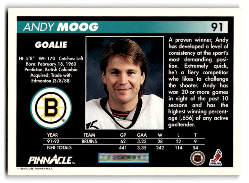 1992-93 Pinnacle #91 Andy Moog - Hockey Card Single