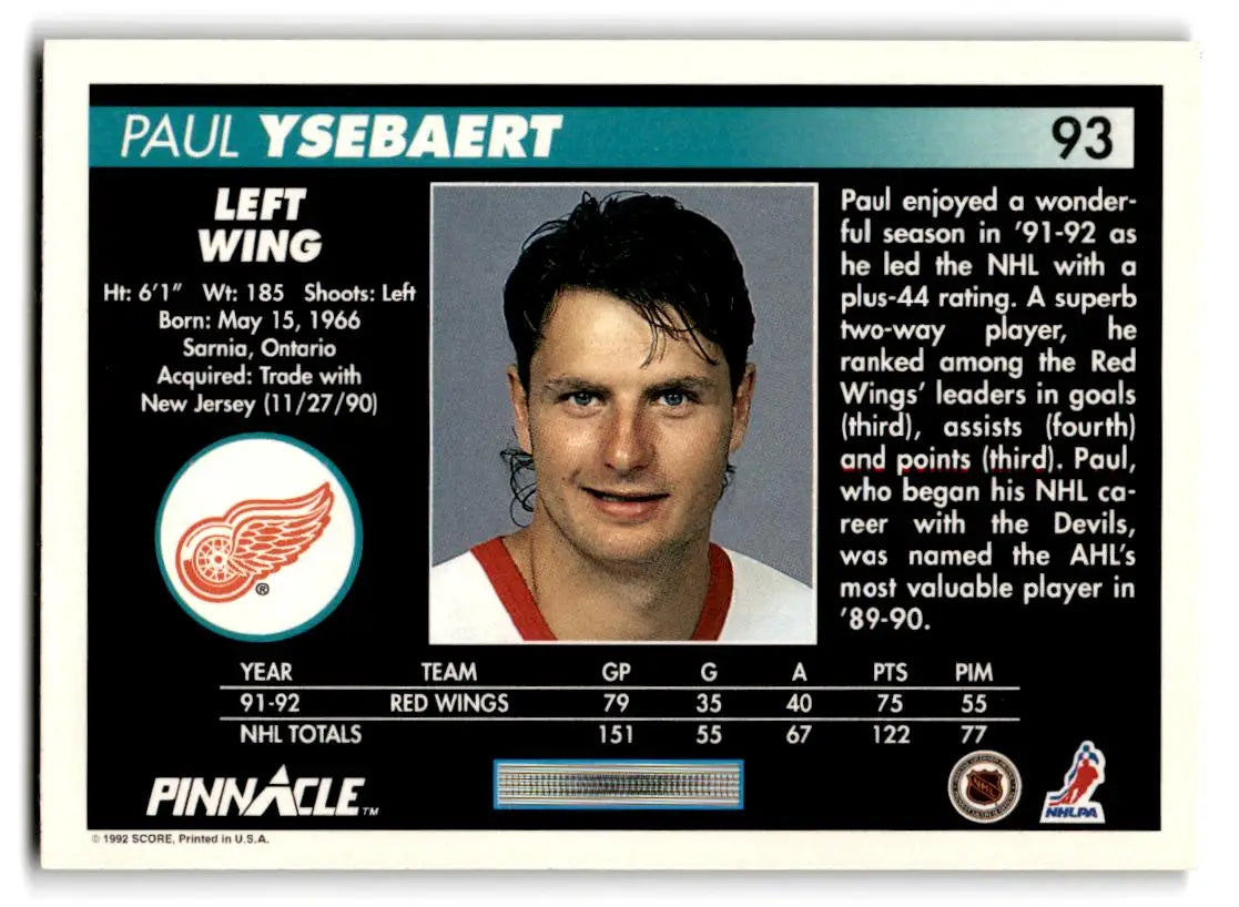 1992-93 Pinnacle #93 Paul Ysebaert - Hockey Card Single