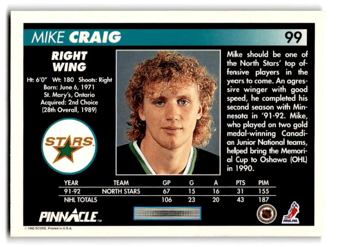 1992-93 Pinnacle #99 Mike Craig - Hockey Card Single