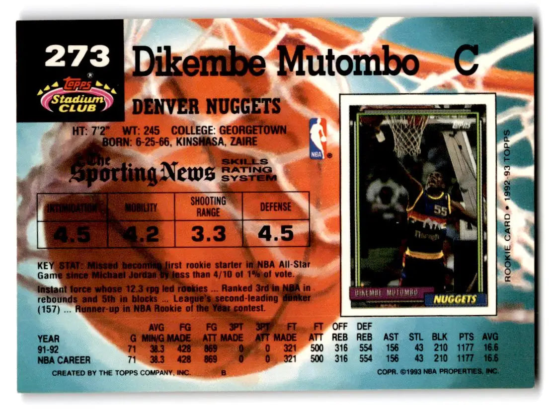 1992-93 Stadium Club #273 Dikembe Mutombo - Basketball Card Single