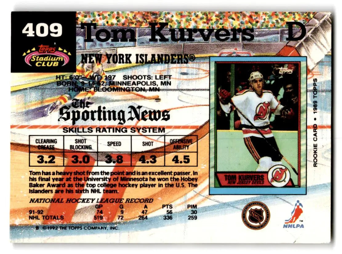 Tom Kurvers hockey card from 1992-93 Stadium Club featuring York Islanders player