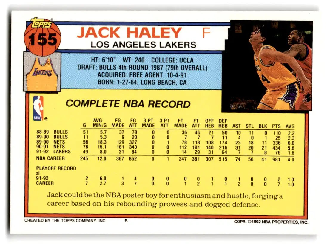 1992-93 Topps #155 Jack Haley - Basketball Card Single