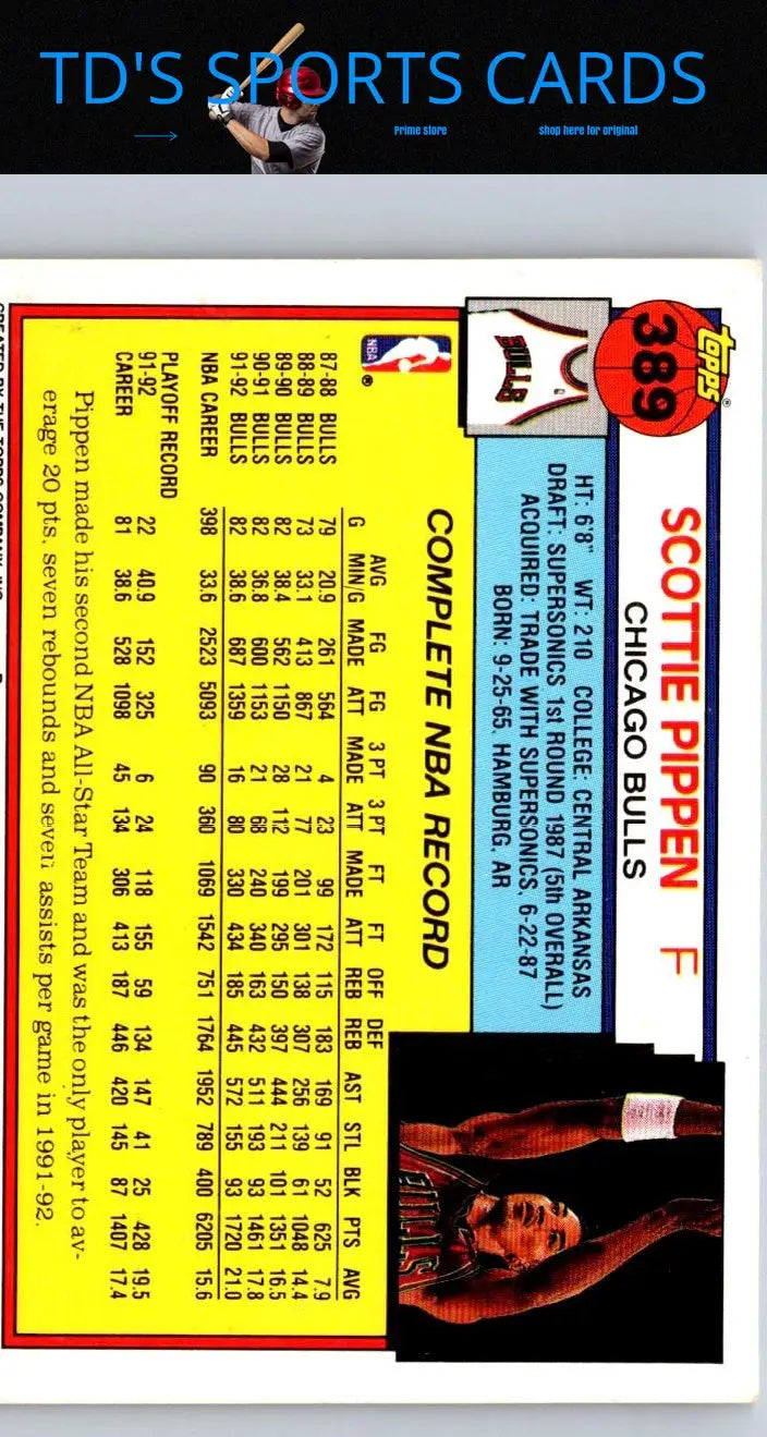 Scottie Pippen 1992-93 Topps #389 trading card showcasing the basketball legend’s career