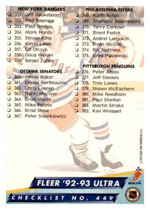 1992-93 Ultra #449 Checklist: 315-383 - Other
