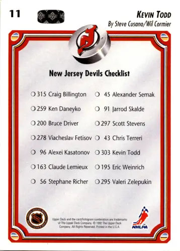 1992-93 Upper Deck #11 Kevin Todd NM Near Mint NJ Devils TC ID:46068 - Hockey Card Single