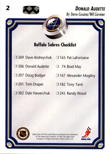 1992-93 Upper Deck #2 Donald Audette NM Near Mint Sabres TC ID:46069 - Hockey Card Single