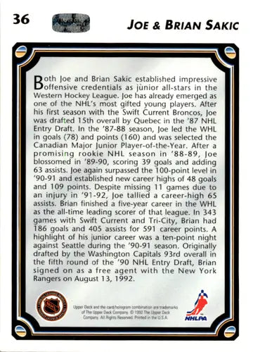 1992-93 Upper Deck #36 Brian Sakic/Joe Sakic NM Near Mint Nordiques ID:46076 - Hockey Card Single