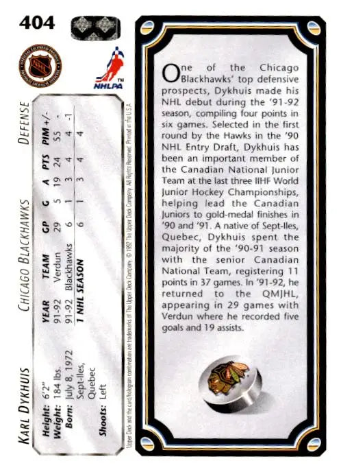 1992-93 Upper Deck #404a Karl Dykhuis - Hockey Card Single