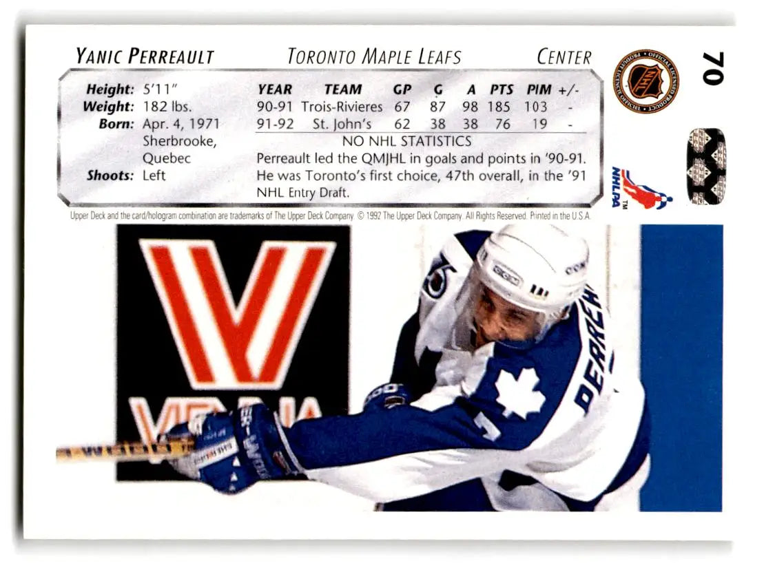 1992-93 Upper Deck #70b Yanic Perreault Upper Deck Text and Logo Hologram - Hockey Card Single