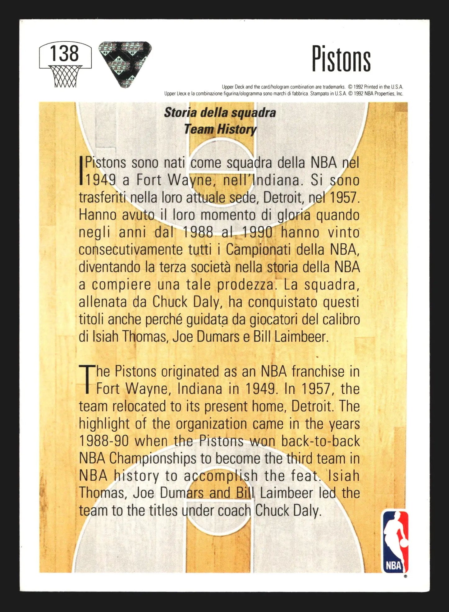 1992-93 Upper Deck International Italian #138 Detroit Pistons Team History