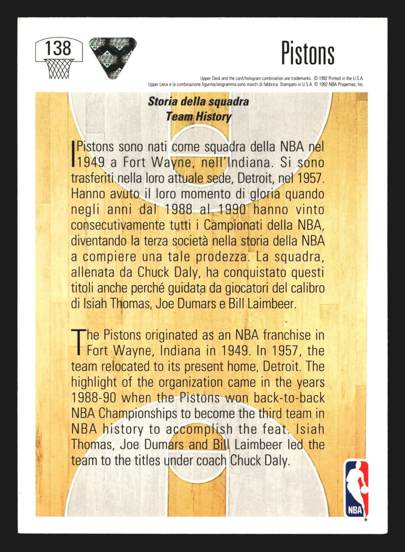 1992-93 Upper Deck International Italian #138 Detroit Pistons Team History