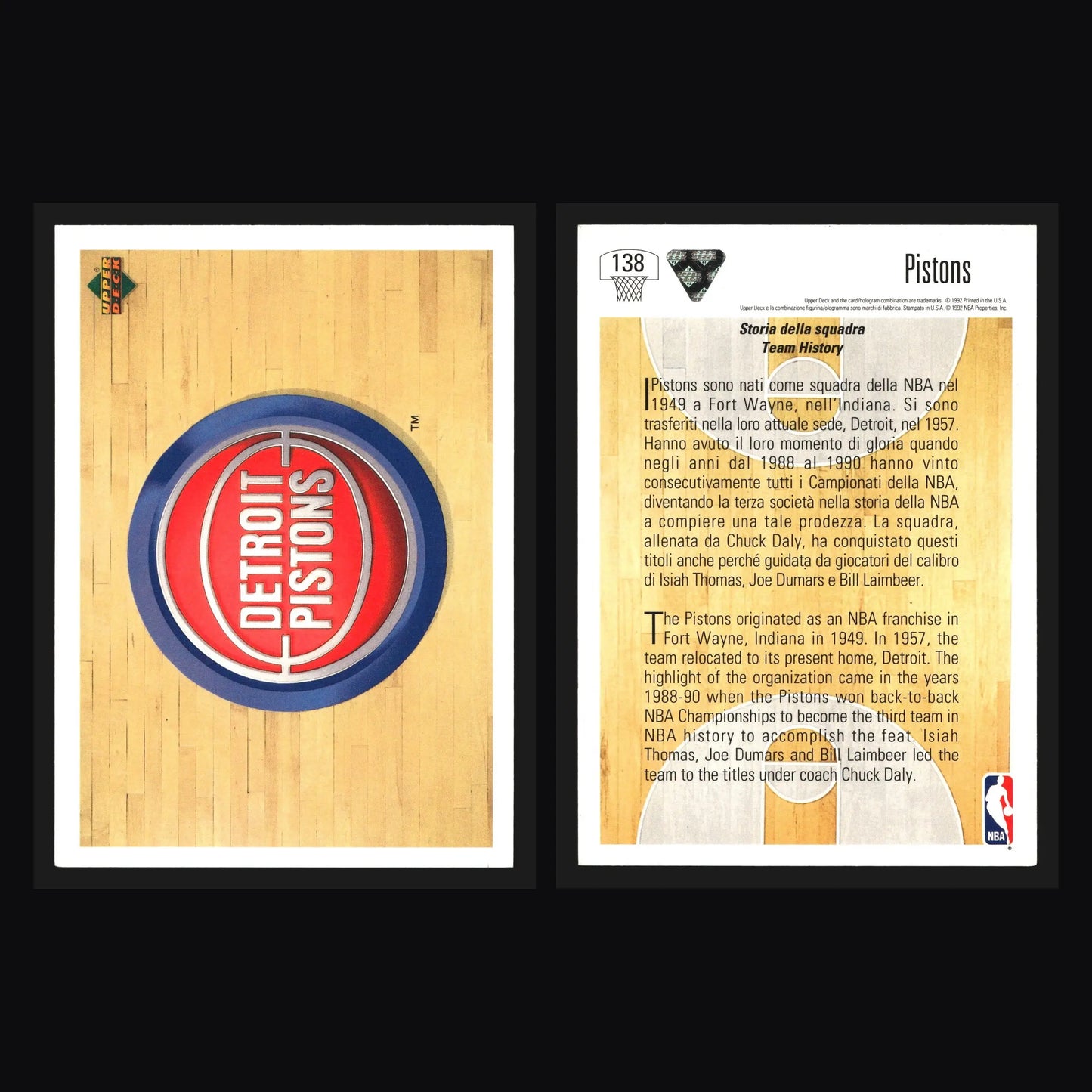 1992-93 Upper Deck International Italian #138 Detroit Pistons Team History