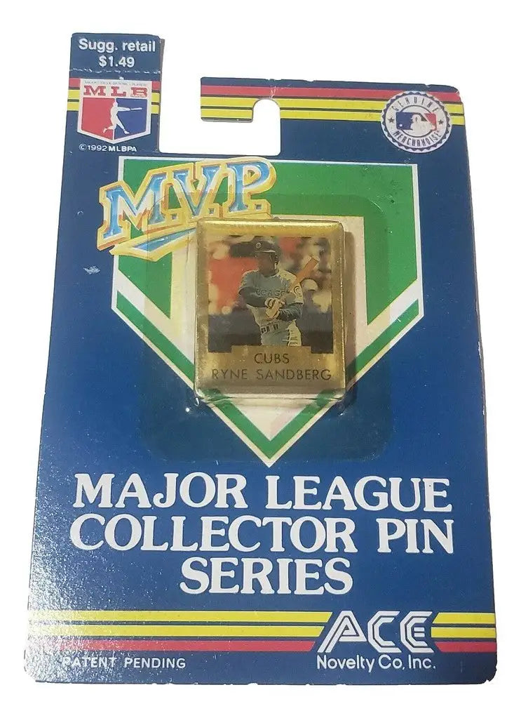 Major League Baseball collector pin of Ryne Sandberg Chicago Cubs on branded card