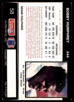 1992 Action Packed Rookie/Update Bobby Humphrey 58 Miami Dolphins