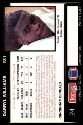 1992 Action Packed Rookie/Update Darryl Williams RC 24 Cincinnati Bengals