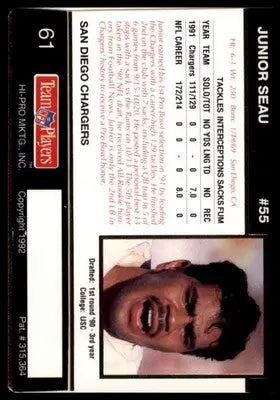 1992 Action Packed Rookie/Update Junior Seau 61 San Diego Chargers