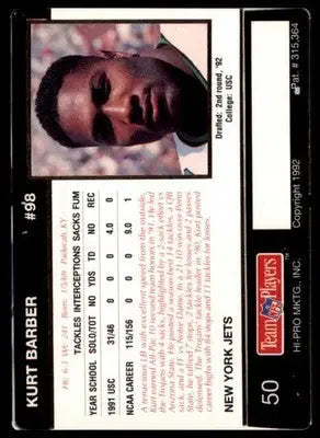 1992 Action Packed Rookie/Update Kurt Barber RC 50 New York Jets