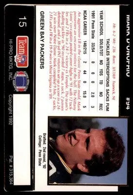 1992 Action Packed Rookie/Update Mark D’Onofrio RC 15 Green Bay Packers