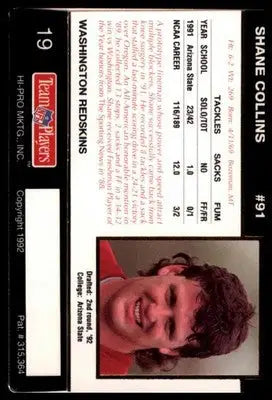 1992 Action Packed Rookie/Update Shane Collins RC 19 Washington Redskins