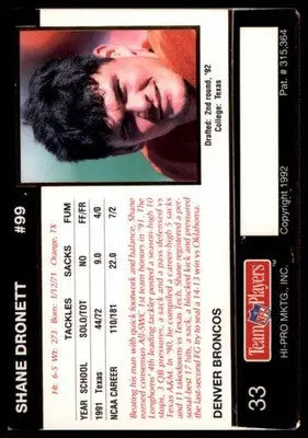 1992 Action Packed Rookie/Update Shane Dronett RC 33 Denver Broncos
