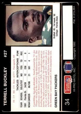 1992 Action Packed Rookie/Update Terrell Buckley RC 34 Green Bay Packers