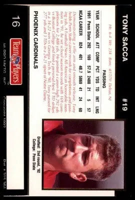 1992 Action Packed Rookie/Update Tony Sacca RC 16 Phoenix Cardinals